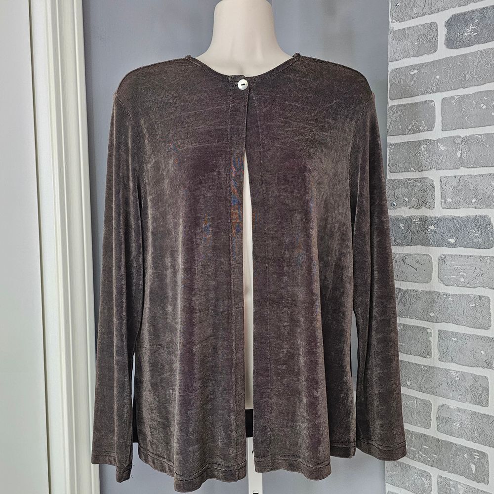 VTG CLIO Single Button Cardigan Sweater Small Brown Slinky Stretch‎ Knit Travel
